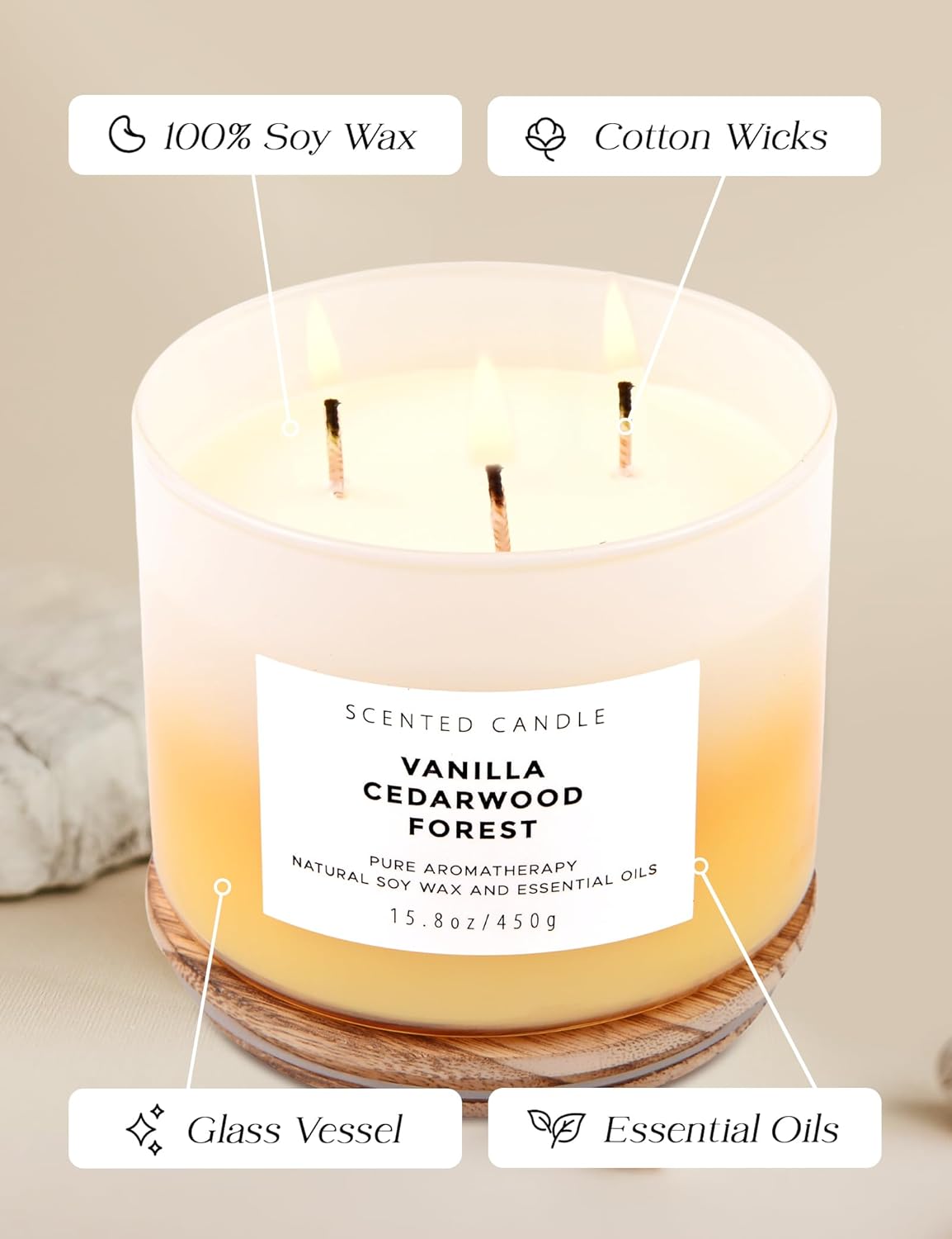 15.8oz Vanilla Cedarwood Forest 3-Wick Scented Soy Candle | 15.8 oz | Large Forest Aromatherapy Candle for Home Fragrance | Stress Relief & Relaxation | Fall Candle Gift